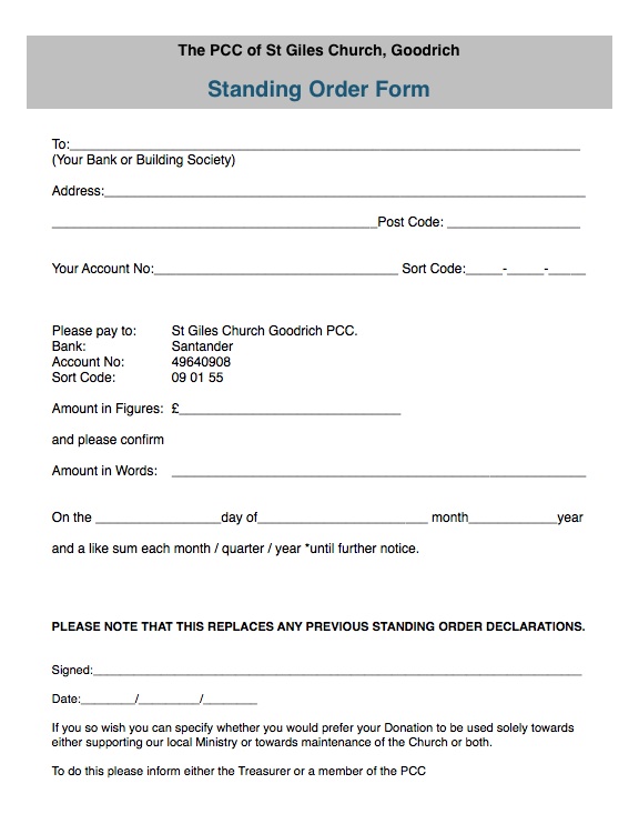 Image of Standing Order Form for the PCC of St Giles Church Goodrich