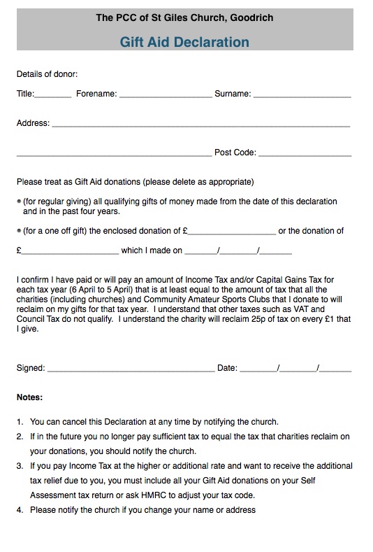 Image of the Gift Aid Declaration Form for St Giles Church Goodrich